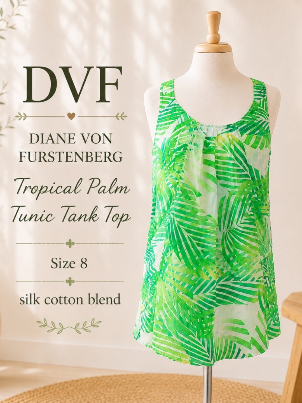 DVF Diane Von Furstenberg Tropical Palm Tunic Tank Top Size 8